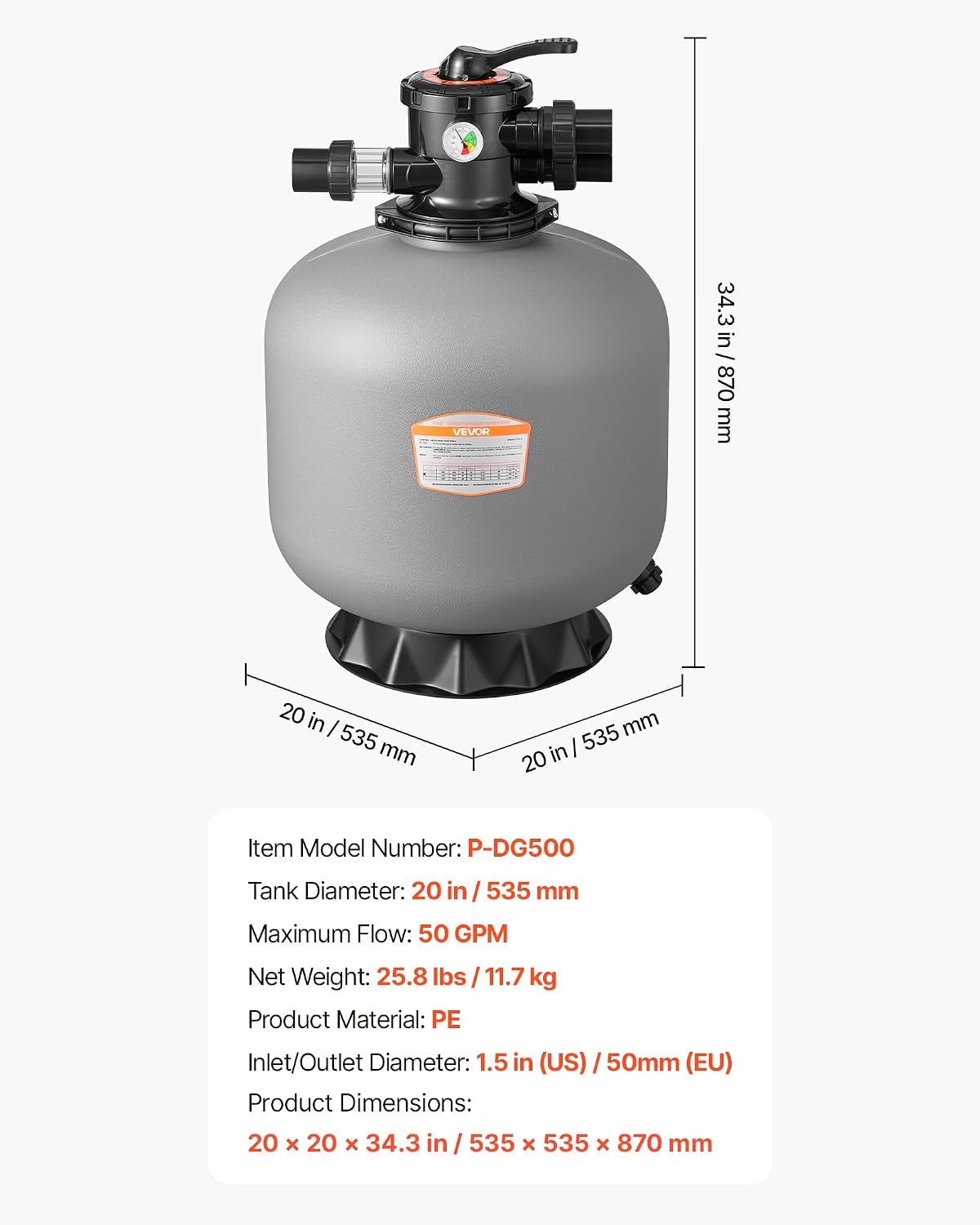 VEVOR Sand Filter, 20-Inch, 50 GPM Above Inground Swimming Pool Sand Filter System, with 7-Way Multi-Port Valve, Backwash, Rinse, Recirculate, Waste, Winter, Closed Modes, for Above In Ground Pools