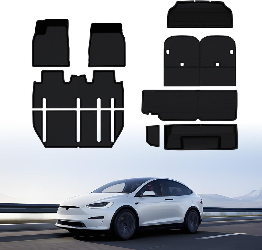 BASENOR 10PCS Tesla Model X Floor Mats 7-Seater All Weather Cargo Liner Mat XPE Car Mats Anti-Slip Trunk Mat Back Seat Cover [Proprietary Design] Model X Plaid Accessories 2022-2026