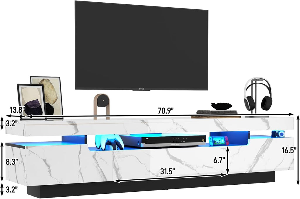 Uspeedy 70IN White TV Stand for 75/80 inch TV,Modern LED TV Stand for Living Room,High Gloss Entertainment Center with Storage Drawer,APP RGB Light,TV Console,Television Stands(Marbling)