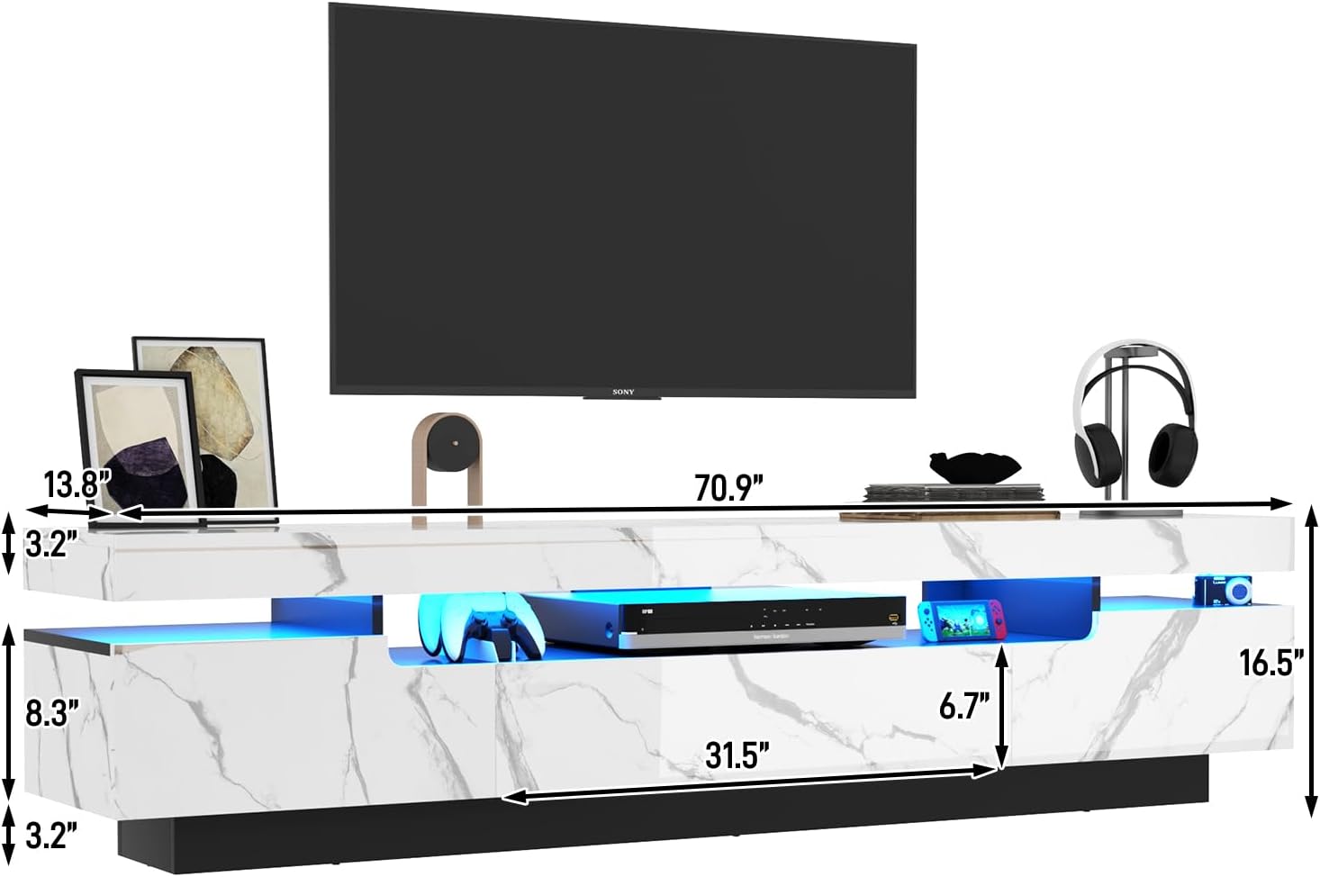 Uspeedy 70IN White TV Stand for 75/80 inch TV,Modern LED TV Stand for Living Room,High Gloss Entertainment Center with Storage Drawer,APP RGB Light,TV Console,Television Stands(Marbling)