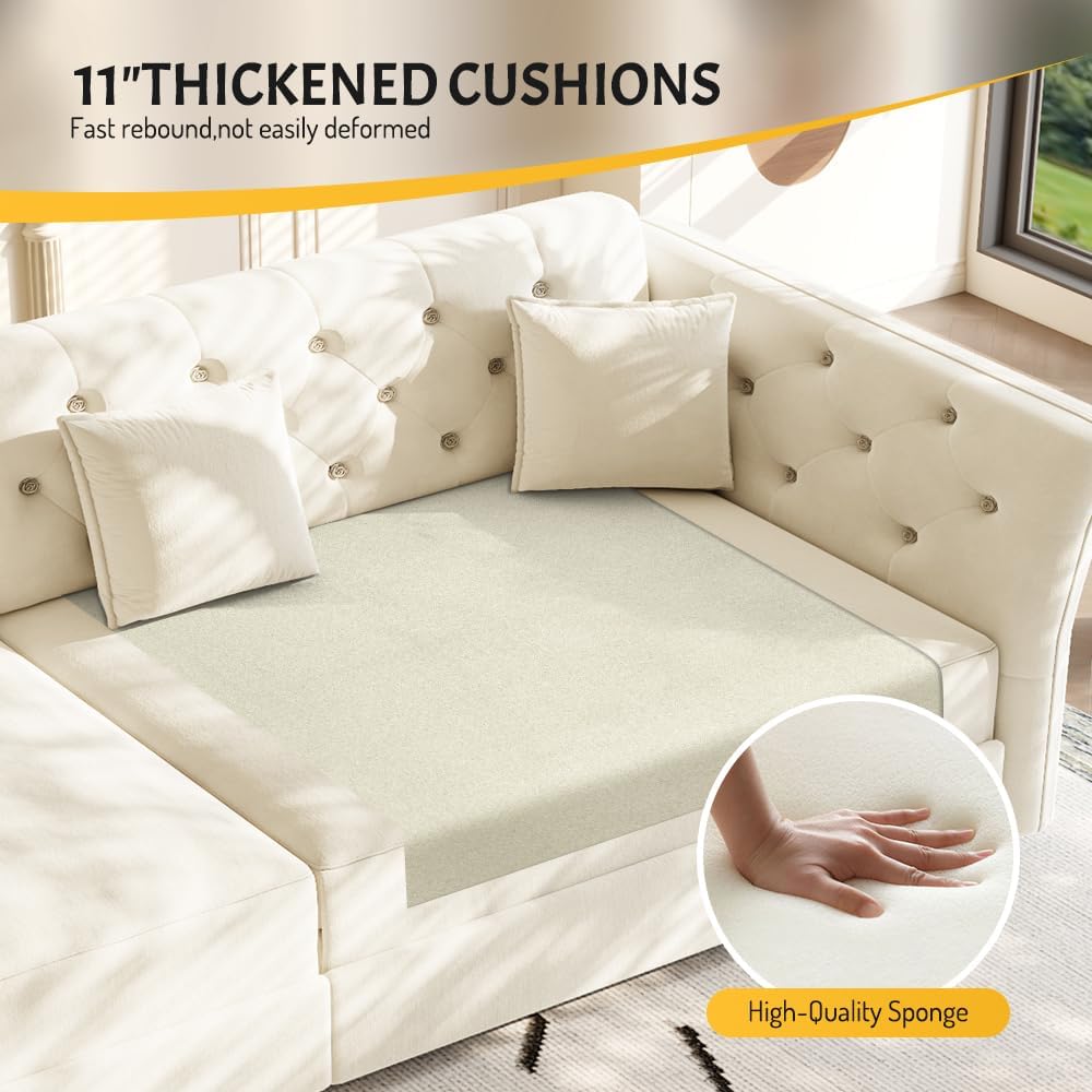 100' King Size Sleeper Sofa Bed, 3-in-1 Convertible Pull Out Chesterfield Sleeper Couch, Oversized Velvet Flower Button Tufted 4-Seat Sofa for Living Room Apartment (Beige White)