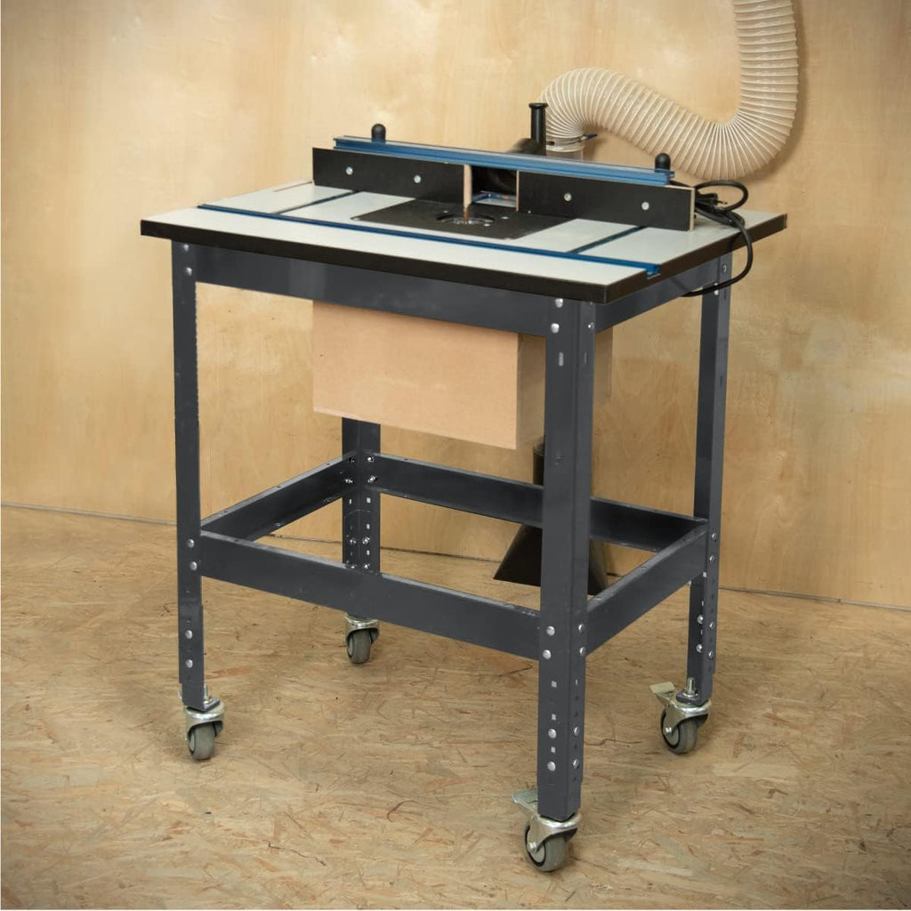 POWERTEC 24'x32' Router Table Top w/Tool Stand, Router Plate and Insert Rings, 400lb Capacity Heavy Duty Router Table Stand with Adjustable Leveling feet (UT1006C)