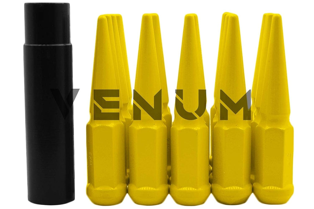 24 Pc Powder Coated Yellow Spike Lug Nuts | M14x1.5 | 4.5 inch Tall | 1 Piece Construction | Works with 2015-2024 F-150 6x135 MM Bolt Pattern