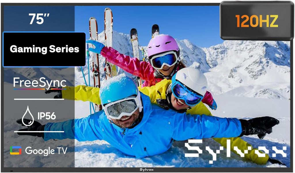 SYLVOX 75'' Outdoor TV, Premium 4K@120Hz Weatherproof TV for Smoother Sports & Gaming, Waterproof, 1000nits Brightness, Dolby Atmos, Google Smart OS with HDMI 2.1 & USB 3.0 (Gaming Series)