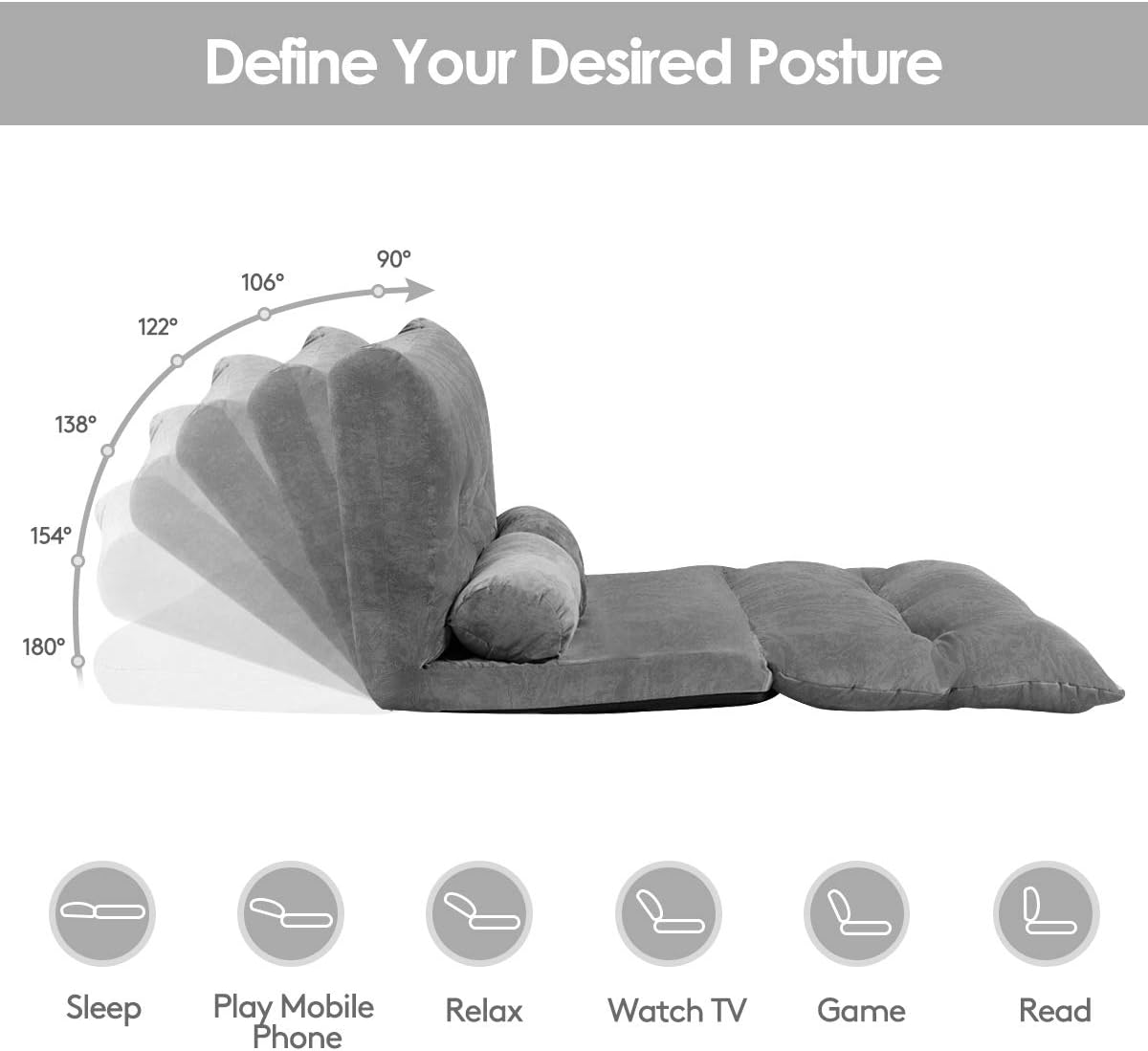 Giantex Adjustable Floor Sofa Couch with 2 Pillows, Multi-Functional 6-Position Foldable Lazy Sofa Sleeper Bed, Multi-Functional Suede Floor Seating Sofa for Reading Gaming (Gray)