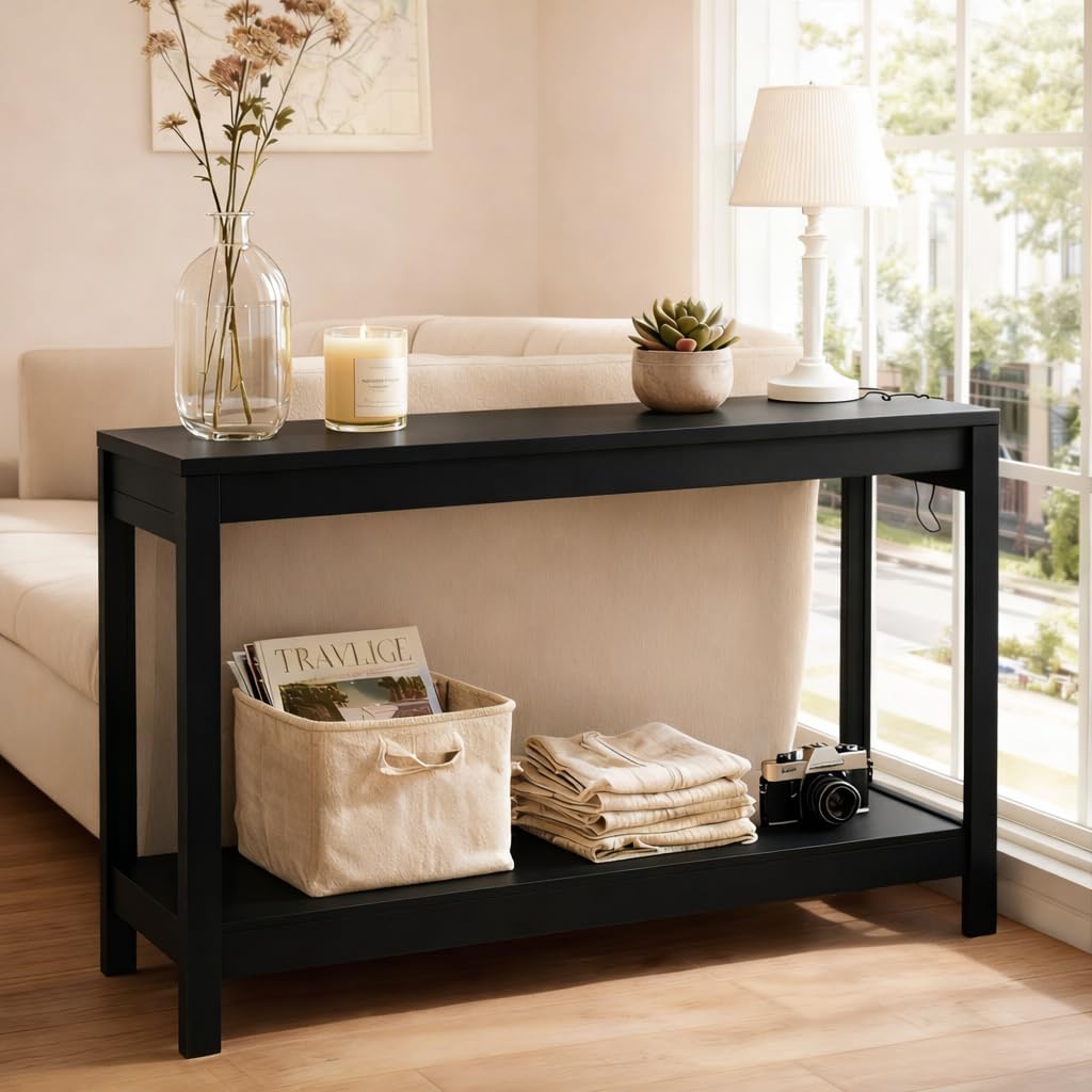 47' Entryway Table, Narrow Console Sofa Table, with Outlets and USB-C Port, Entryway Table with Open Storage, for Living Room, Hallway, Entryway, Foyer, Kitchen Counter, Black