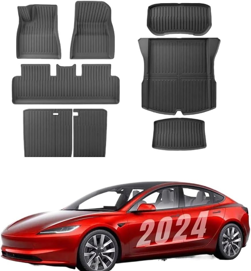 Compatible with Tesla Model 3 Highland 2025 2024 2023 TPE Floor Mats, All Weather Waterproof Anti-Slip Front Rear Cargo Liner Trunk Mat(Brown)