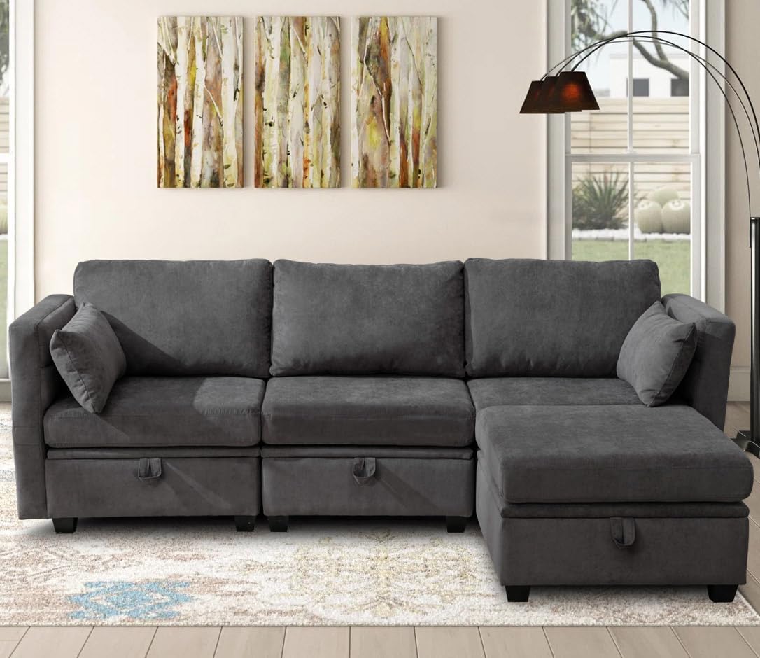 asunflower Modular Sectional Small Couch with Storage Seats, 3 Seater Couch with Ottoman Storage, L Shaped Sectional Sofa for Small Spaces, with Reclining Arms and Backs,Pillows Included, Dark Gray