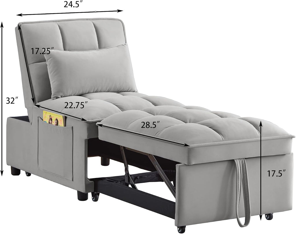 Ball & Cast 4 in 1 Convertible Sleeper Chair, Velvet Single Sofa Bed with Side Pockets,Pull Out Couch with Adjustable Backrest and Pillow, Multi-Function Chaise Lounge for Livingroom,Gray