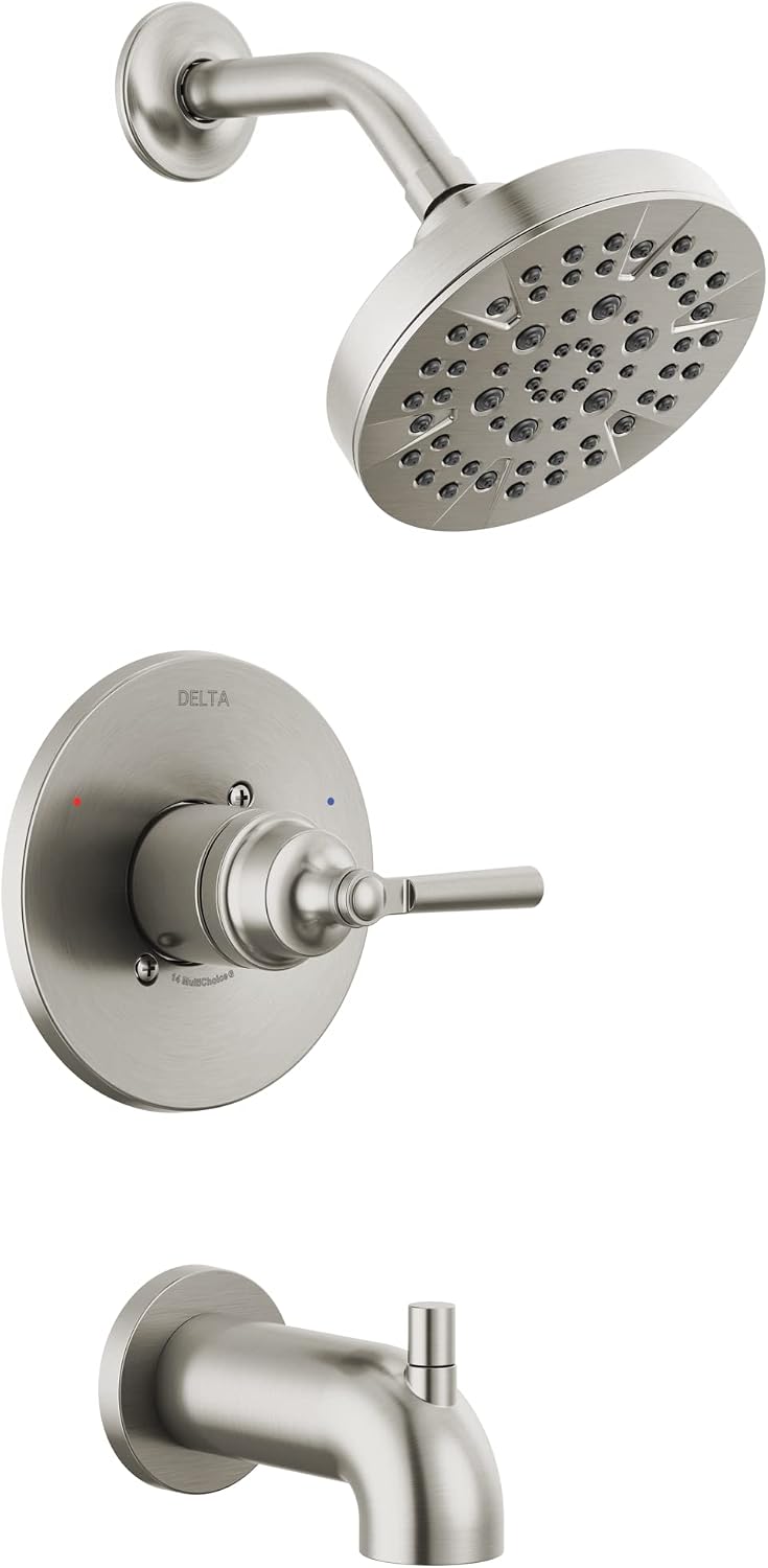 Delta Faucet Saylor 14 Series Brushed Nickel Tub and Shower Faucet Combo, Bathtub and Shower System, Shower Trim Kit, Bathtub Faucet Set, Shower Tub Faucet, Stainless T14435-SS (Valve Not Included)
