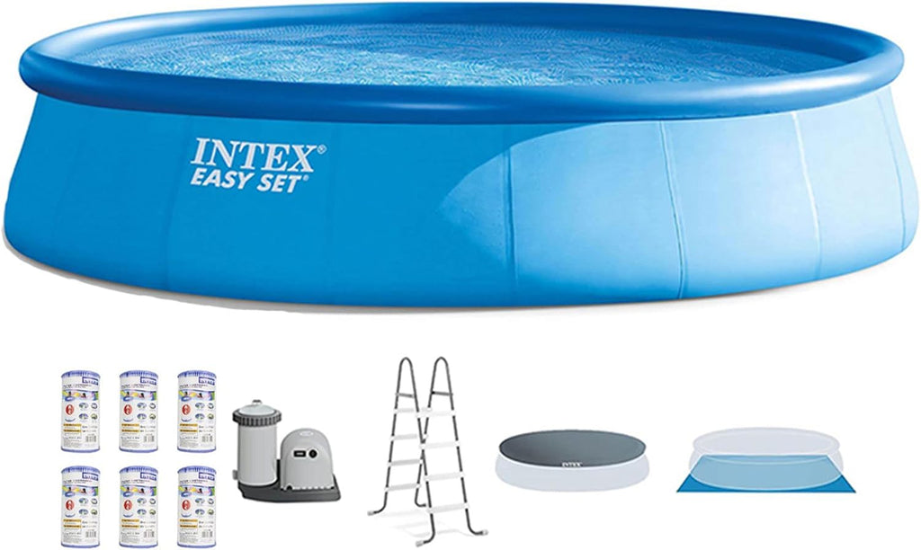 Intex Easy Set 18' x 48' Round Inflatable Above Ground Swimming Pool Set with Filter Pump, Ladder, Pool Cover, and Filter Cartridges (6 Pack)