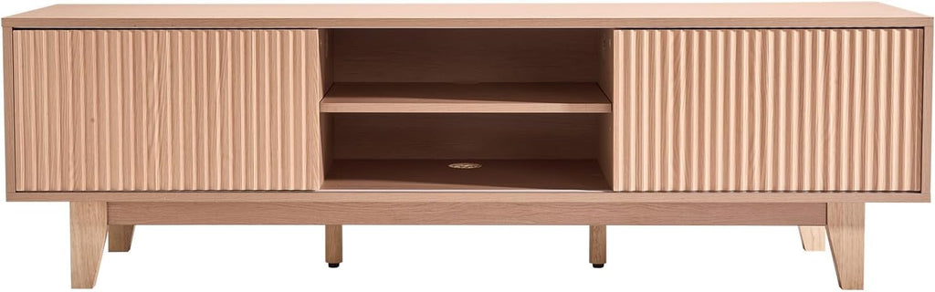 VEVOR 59' Fluted TV Stand, Boho Entertainment Center for 55/60/65 inch TVs, Mid Century Modern Media Console TV Storage Cabinet with Sliding Door and Adjustable Open Shelves, for Living Room, Bedroom