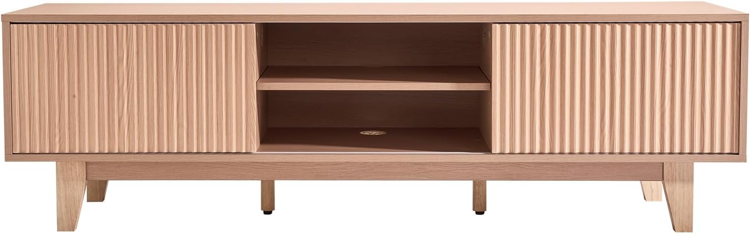 VEVOR 59' Fluted TV Stand, Boho Entertainment Center for 55/60/65 inch TVs, Mid Century Modern Media Console TV Storage Cabinet with Sliding Door and Adjustable Open Shelves, for Living Room, Bedroom