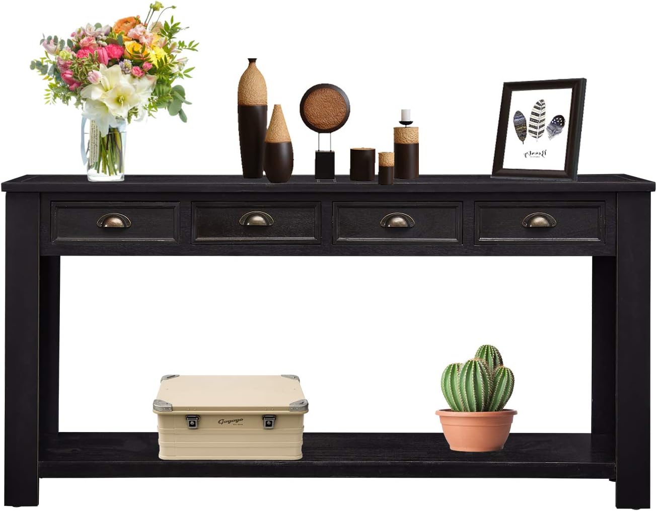Kinfant Console Table for Entryway - 60' Long Rustic Sofa Table with 4 Drawers and Storage Shelf, Black