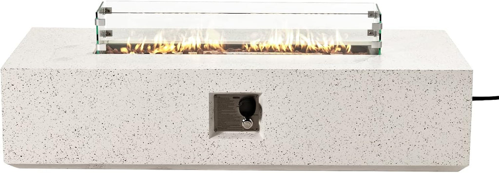 COSIEST Outdoor Propane Fire Pit Table 56' x 28' Rectangle Beige Compact Concrete-Like Finish, Certified, 50,000 BTU,Wind Guard, Tank Outside, Free Lava Rocks, Fits 20lb Tank Outside, Raincover