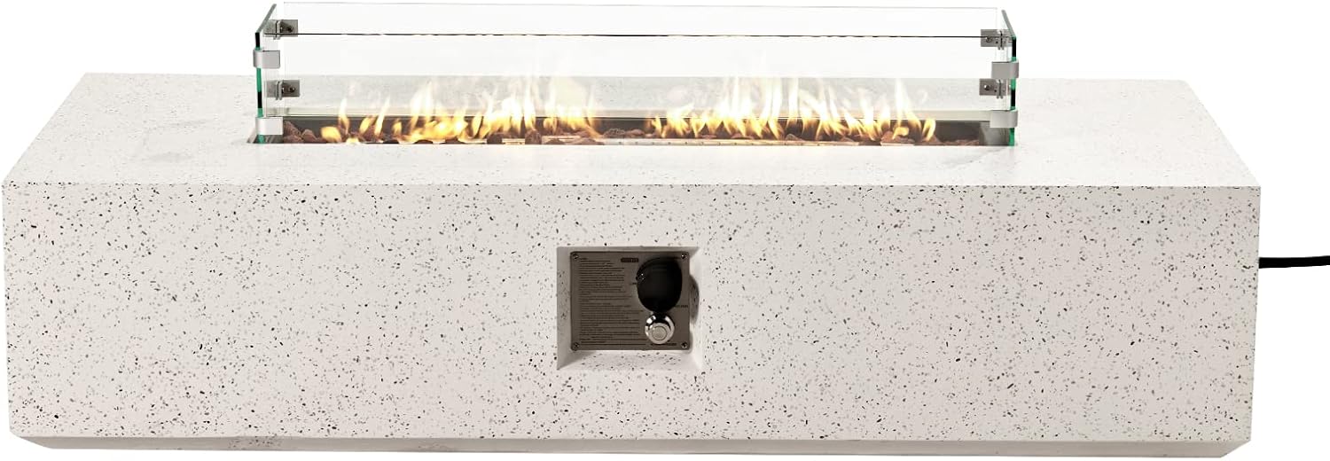 COSIEST Outdoor Propane Fire Pit Table 56' x 28' Rectangle Beige Compact Concrete-Like Finish, Certified, 50,000 BTU,Wind Guard, Tank Outside, Free Lava Rocks, Fits 20lb Tank Outside, Raincover