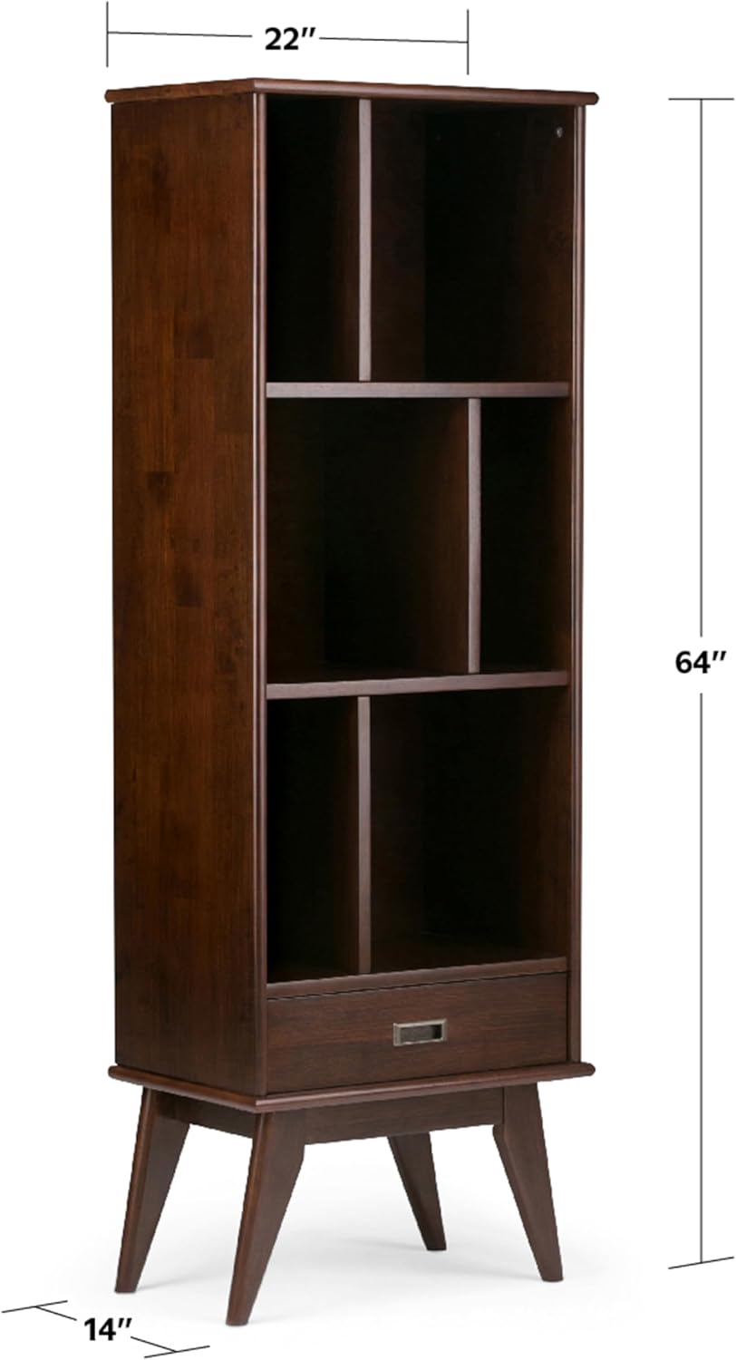 SIMPLIHOME Draper Bookcase - 64 inch Tall Solid Wood Storage Bookshelf in Medium Auburn Brown, Mid-Century Modern Storage for Living Room, Study or Office with Adjustable Shelves and Angled Legs
