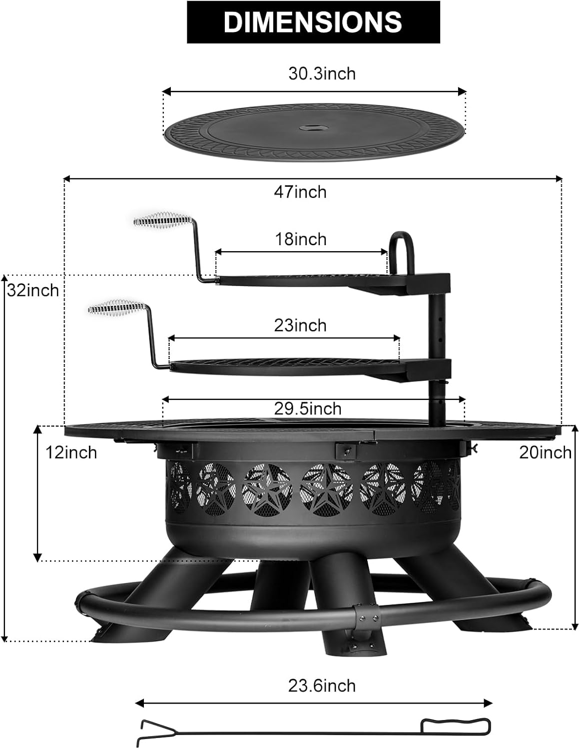 Verdeluxe 47 Inch Outdoor Fire Pit with 2 Grills, Extra Large BBQ Firepits for Outside, Metal Round Fire pits with Lid&Fire Poker,3 in 1 Wood Burning Outdoor Fireplaces for Backyard,Patio,Bonfire