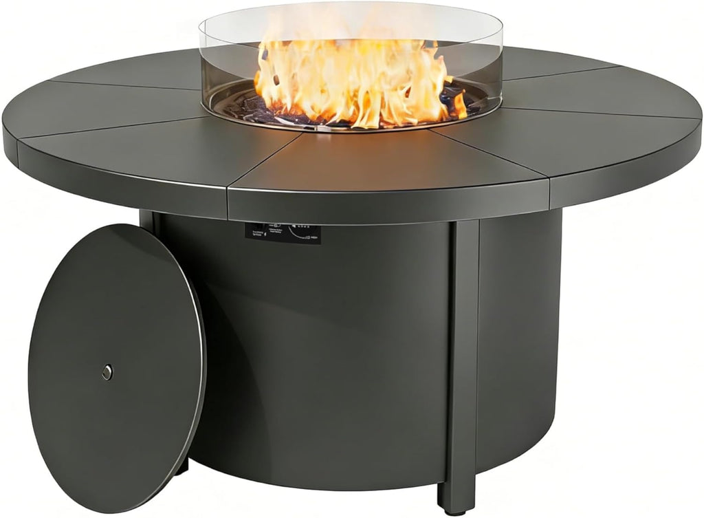 48 Inch Round Propane Fire Pit Table, 55000 BTU Auto-Ignition Gas Fire Pit with Steel Tabletop, Adjustable Flame, Windshield, Lid & CSA Certification for Patio Backyard Garden