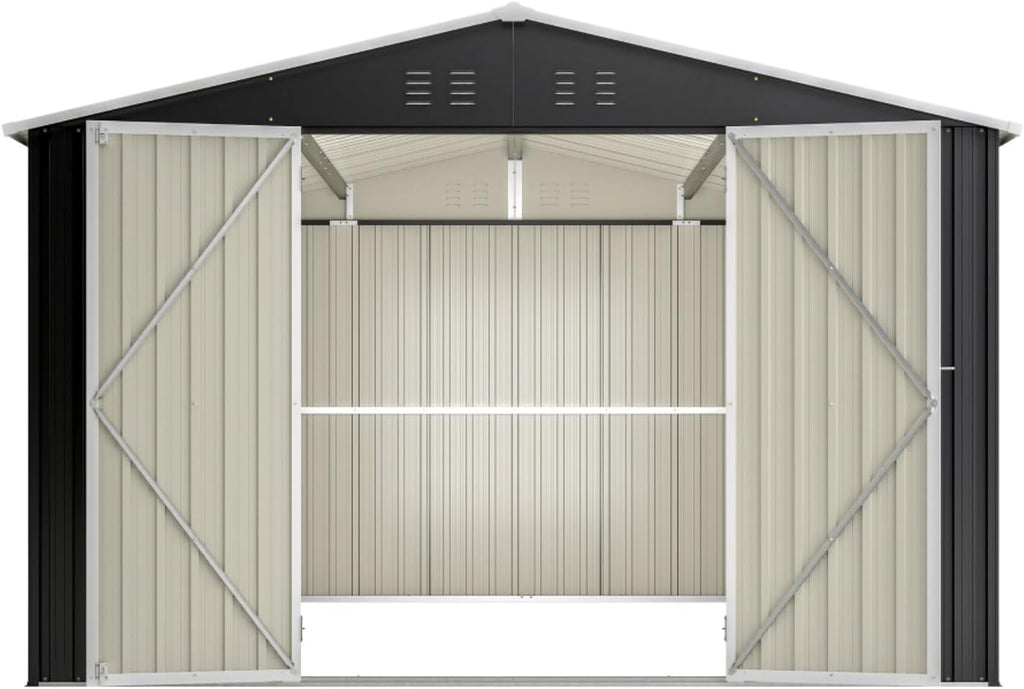 Outdoor Storage Shed 10x12 FT, Metal Tool Shed with Lockable Doors & Reinforced Frame, Large Waterproof Garden Shed for Backyard, Lawn Mower, Patio Furniture - Includes Padlock & Gloves, Black