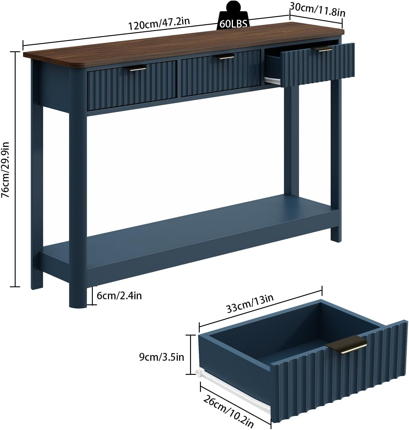RUSTOWN Fluted Wood Console Table with 3 Drawers, 47.2' Modern Farmhouse Sofa Table & Entryway Table with Open Storage Shelf, Narrow Hallway Table for Living Room, Foyer and Hallway (Navy Blue)