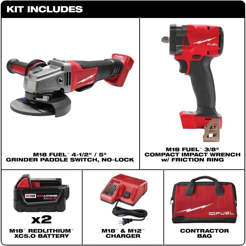 2-Tool Combo Kit 2991-22 for Milwaukee M18 FUEL Cordless 2854-20 3/8' Compact Impact Wrench 2880-20 4-1/2' / 5' Grinder
