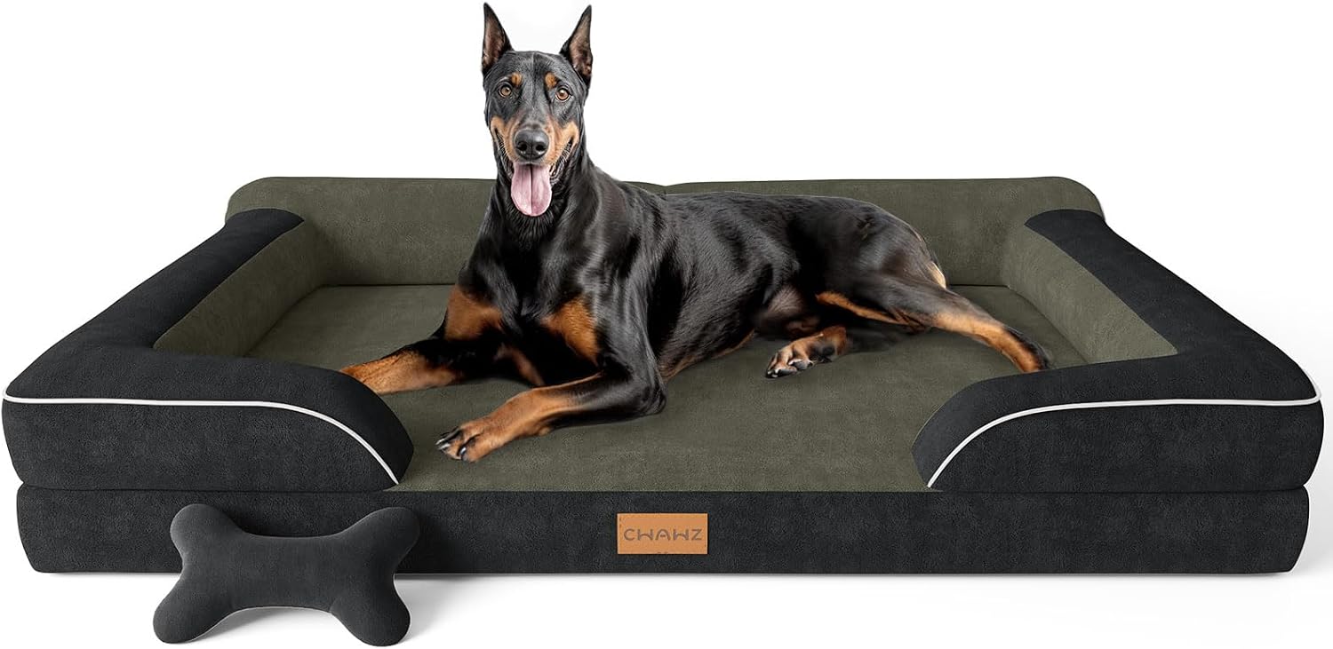 CWAWZ XXL Dog Bed for Extra Large Dogs, Giant Orthopedic Dog Bed with Cooling Gel Memory Foam, Waterproof Pet Bed with Removable Washable Cover, 53' Pet Sofa Bed Dutch Velvet with Bone Toy, Black