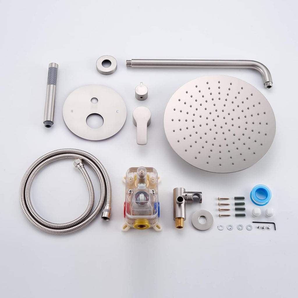 Iriber Brushed Nickel Shower System Wall Mounted Shower Faucet Mixer Set with 12 Inches Rain Shower head and Handheld, Bathroom Shower Trim Kit Contain Pressure Balance Valve