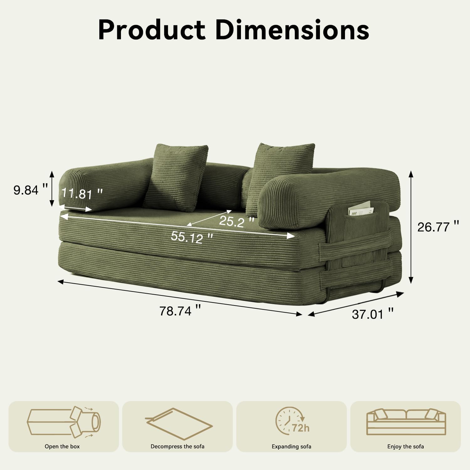 79' Sofa Bed Convertible Boneless Couch Corduroy Modular Couch Bed with Fixed-Shape Frame & Removable Armrests for Living Room, Bedroom (Green)