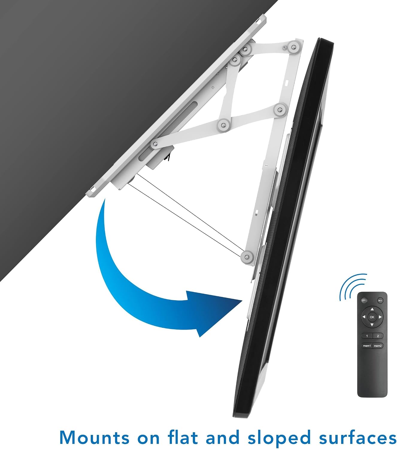 Mount-It! Motorized Ceiling TV Mount with Remote, Electric Flip Down Fold Up Pitched Roof Mount Fits 32, 37, 40, 47, 50 and 55 Inch Flat Screen TVs and Monitors, White