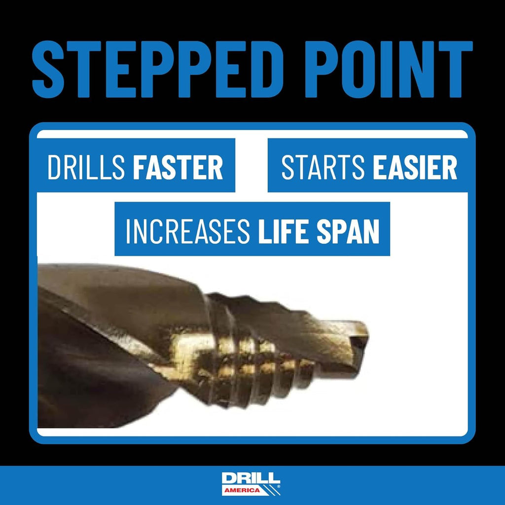 Drill America 15 Piece Cobalt Stepped Point Drill Bit Set in Round Case w/Gold Oxide Finish for Drilling Acrylic, Steel, Hard Metals, Sizes 1/16' to 1/2' x 32nds