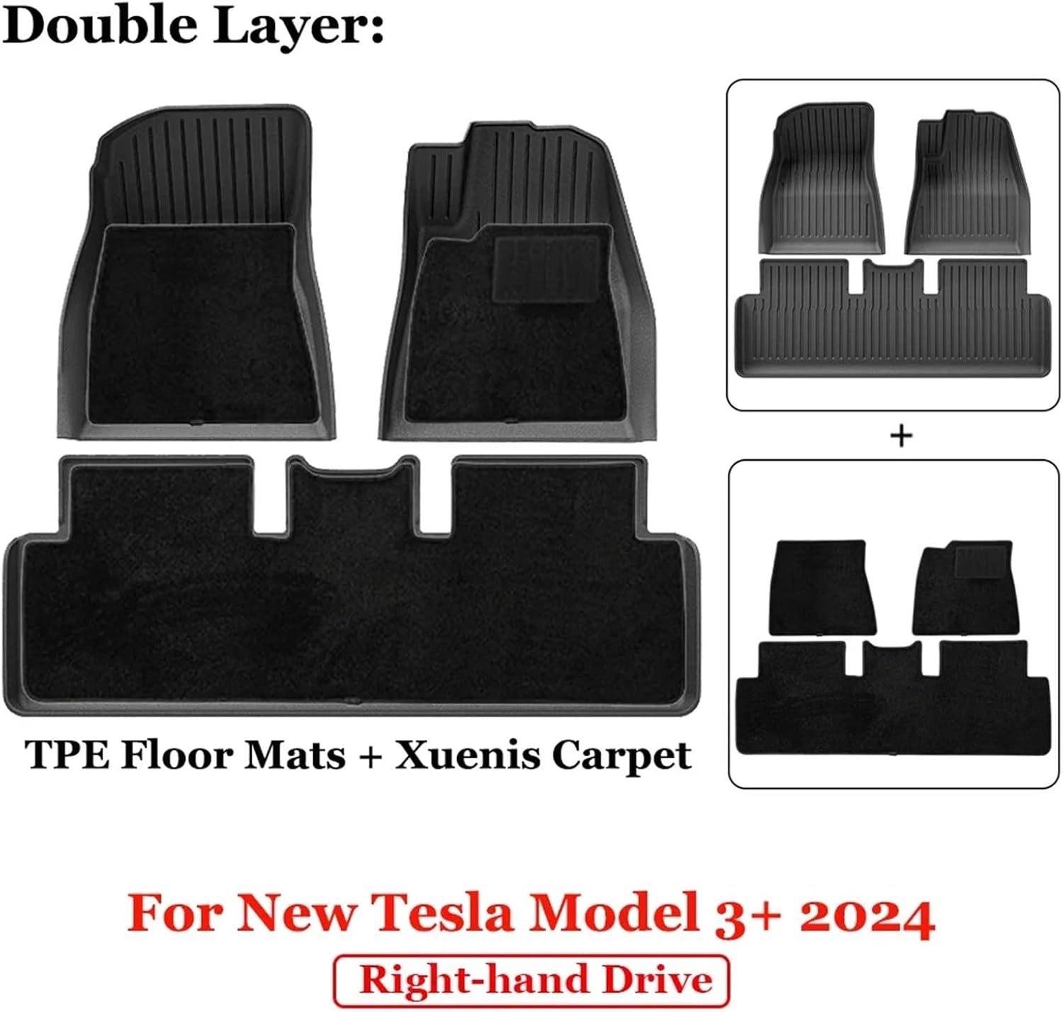 for 2024 2025 Tesla Model 3 Highland Floor Mats TPE All Weather Front Rear Cargo Liner Mat Waterproof Anti-Slip Accessories(2024 M3 FMD RHD)