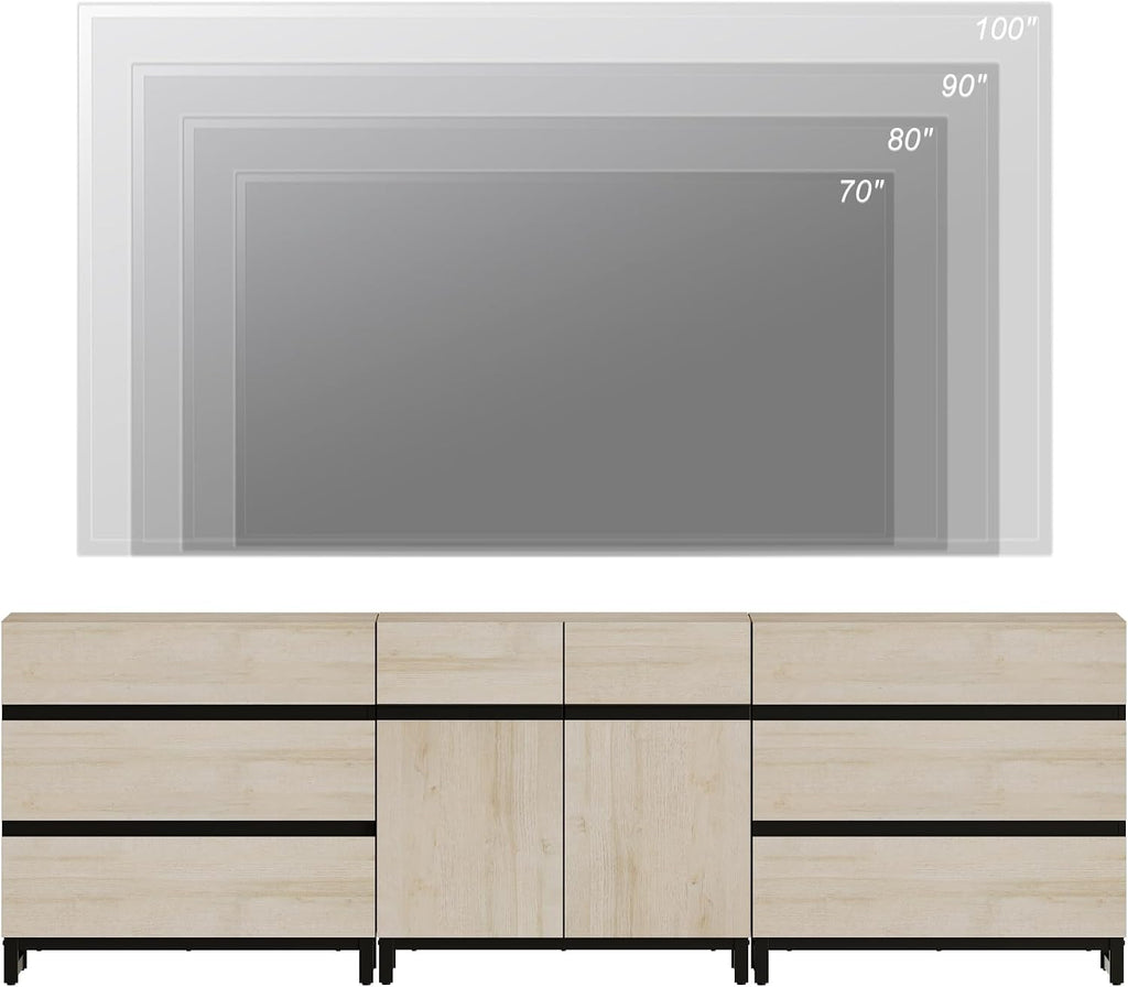 WAMPAT Modern TV Stand for TVs up to 100 Inch, 3-in-1 TV Console with Adjustable Shelves and 6 Drawers, Media Console for Living Room and Bedroom, Light Oak