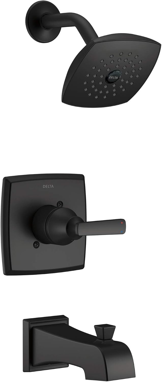 Delta Ashlyn 14 Series Bathtub and Shower Faucet Set, Matte Black Shower Head and Handle Set, Valve Trim Kit, Matte Black T14464-BL (Valve Not Included)