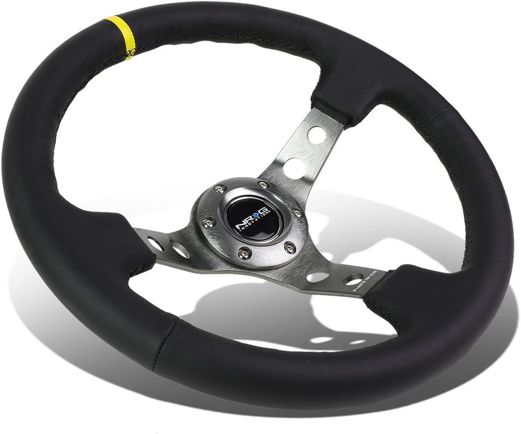 NRG Innovations RST-006GM-Y Black Leather Gun Metal 6-Bolt Spoke Reinforce Racing Steering Wheel