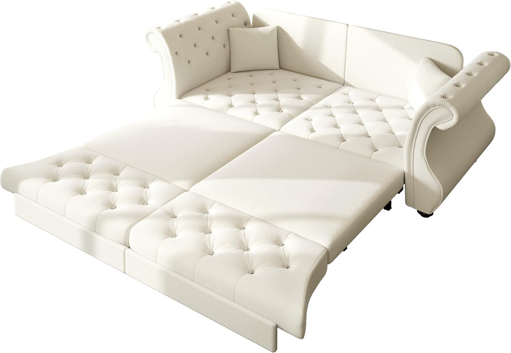 83.8' Queen Size Sleeper Sofa Bed, 3-in-1 Convertible Pull Out Chesterfield Sleeper Couch, Oversized Velvet Flower Button Tufted Loveseat Sofa for Living Room Small Spaces, Beige White