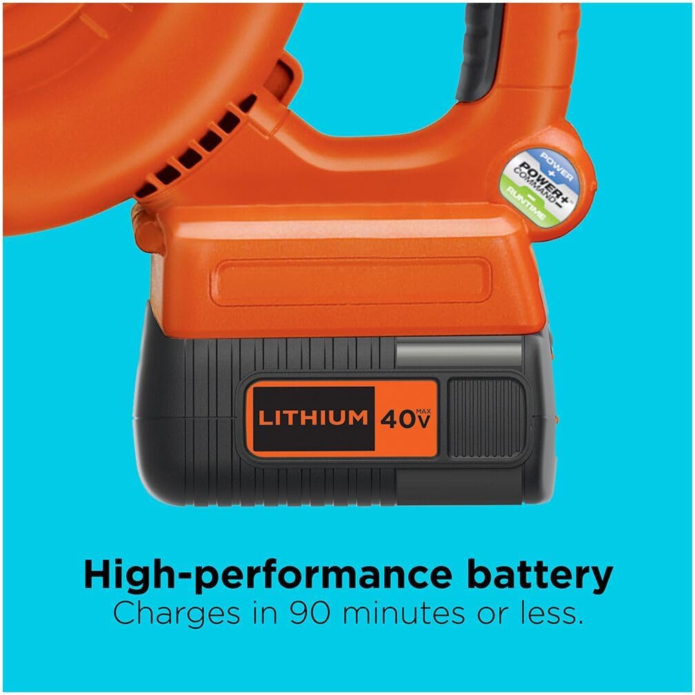 BLACK+DECKER Leaf Blower Cordless with Battery and Charger, POWERCOMMAND 40V MAX 90 CFM Variable Speed Up to 120 MPH, Battery Leaf Blower, Hard Surface and Yard Sweeper (LSW36)