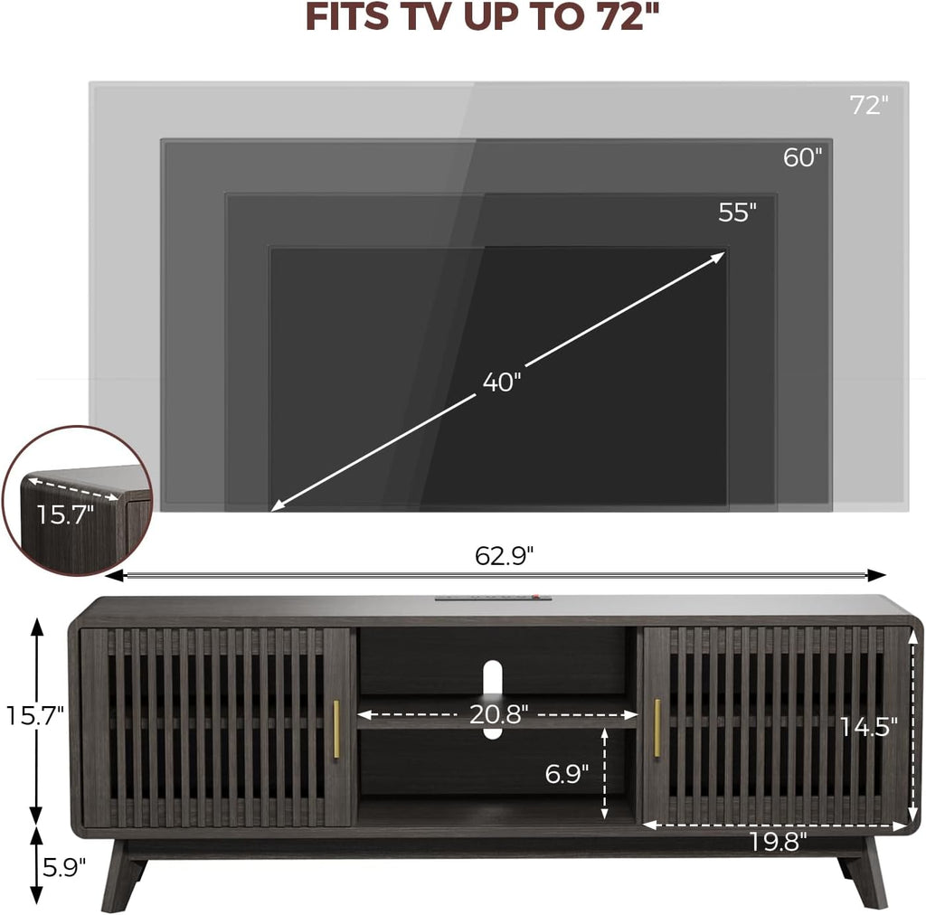 IRONCK Modern TV Stand for 70 inch TV, Entertainment Center with Storage and 2 Sliding Doors, Adjustable Shelves, TV Console with Charging Station for Bedroom, Living Room (Grey Walnut)