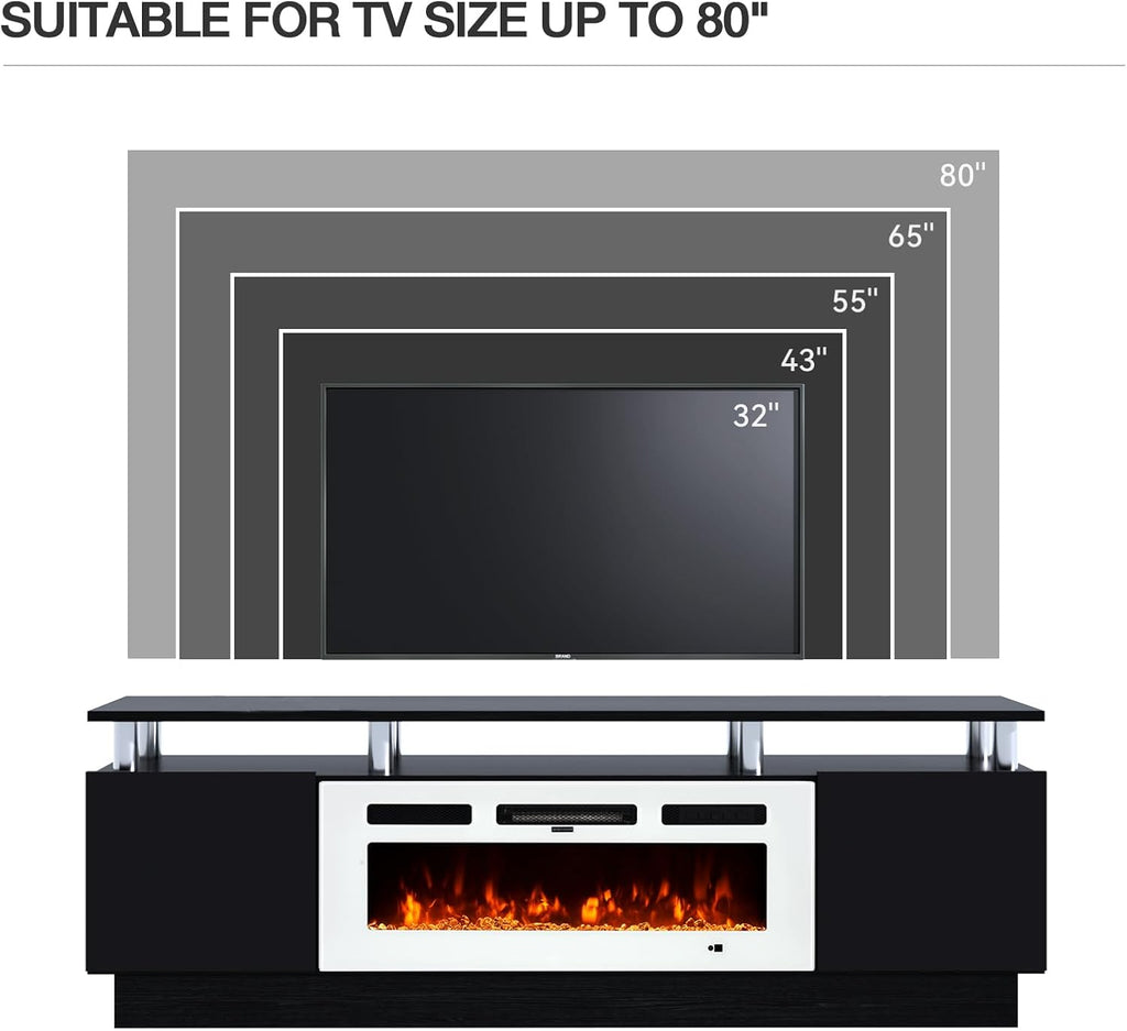 MXV 70' Fireplace TV Stand, Modern Entertainment Center & 36 Inch Electric Fireplace with Remote Control, LED Light, Fire Place Tv Stand for Living Room for TVs up to 80', Black + White