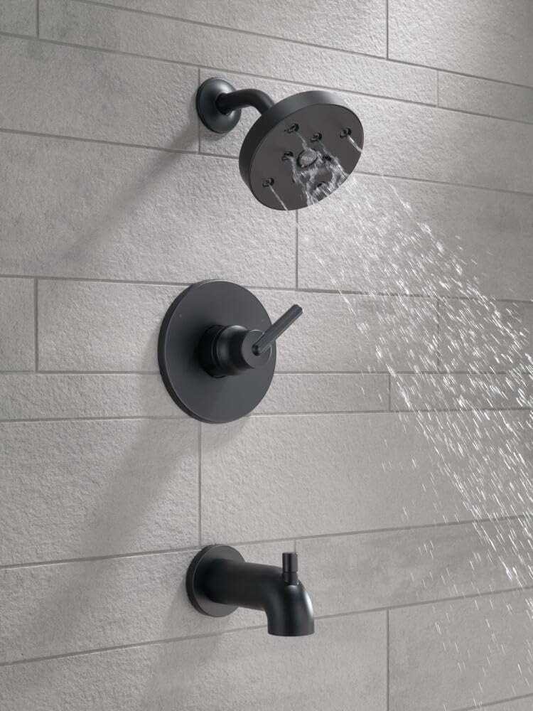 Delta Faucet Trinsic 14 Series Single-Function Tub and Shower Trim Kit with Single-Spray H2Okinetic Shower Head, Matte Black T14459-BL (Valve Not Included)