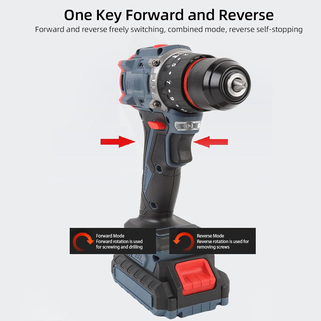 Cordless Drill Tool Set, 20V Brushless Power Drill Li Battery Powered Electric and Set with 25 Torsion Settings 1500RPM LED Light & Battery Indicator for Home (US Plug)