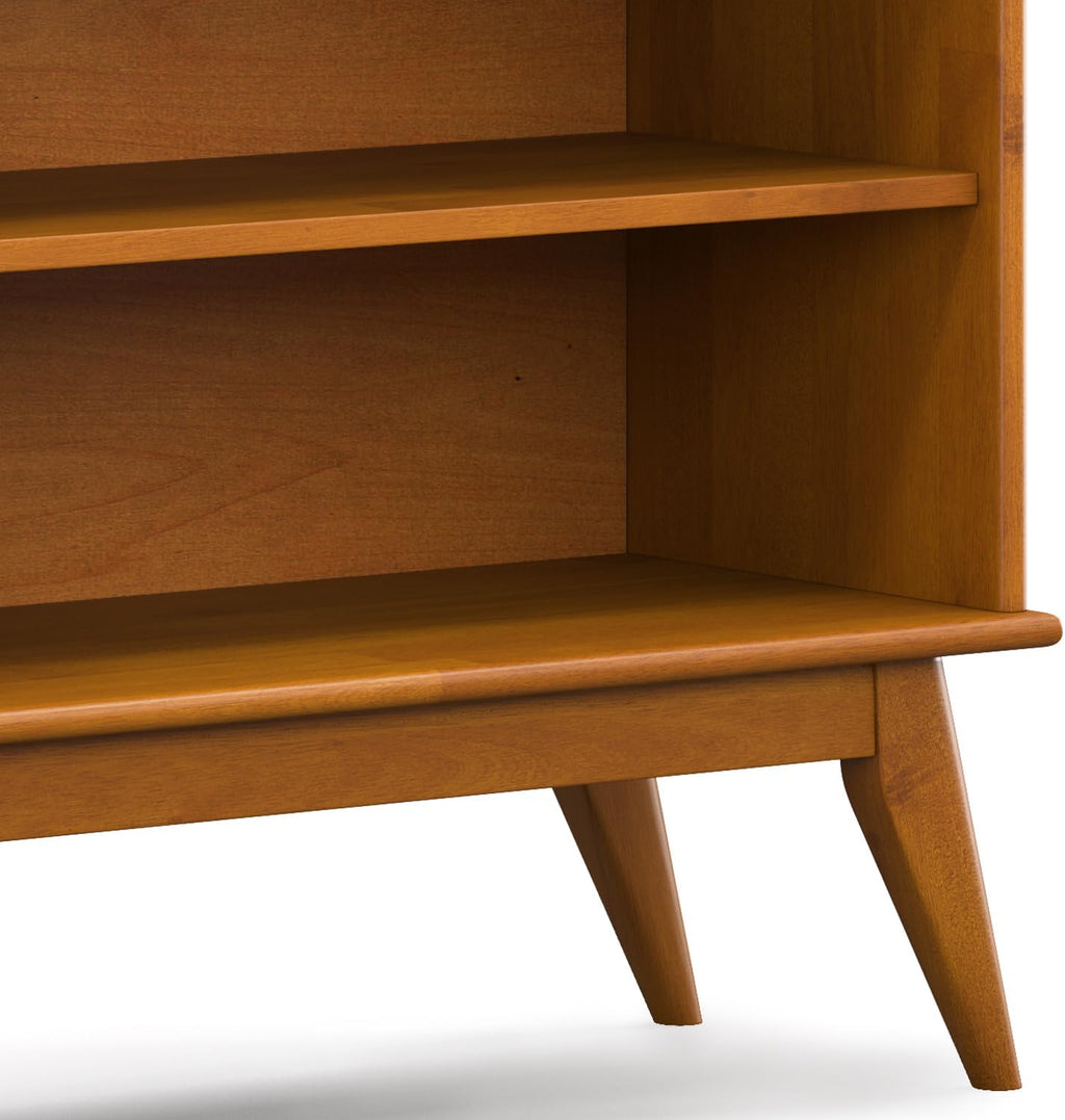 SIMPLIHOME Draper Bookcase - 30 inch Tall Solid Wood Low Bookshelf in Teak Brown, Mid-Century Modern Storage for Living Room, Study Room or Office with Tapered Legs and Wide Open Shelves