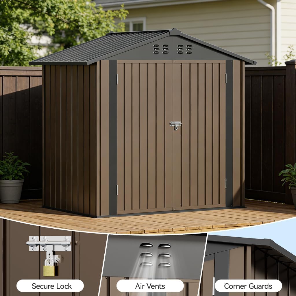 COMHOMA 6'x4' Shed Outdoor Storage Metal, Weatherproof Garden Utility Tool House with Lockable Doors & Adjustable Shelving, Ventilated Backyard Workshop,Brown
