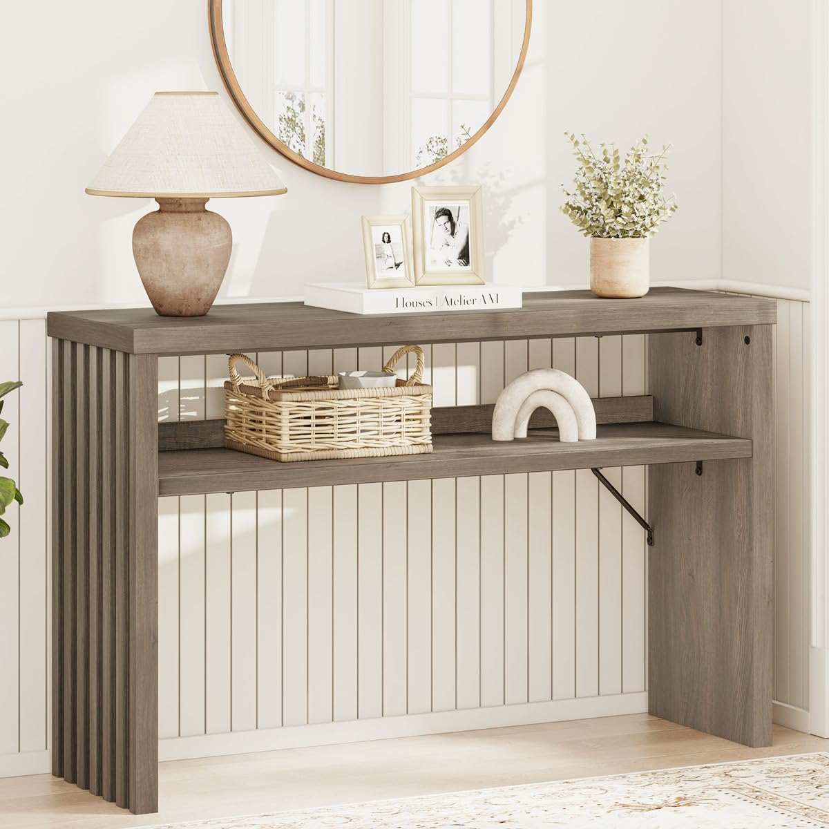 BON AUGURE Sofa Console Table, Wood Entryway Table, Grey Behind Couch Tables with Open Storage, Modern Narrow Hallway Tables (Greige Oak, 47 Inches)