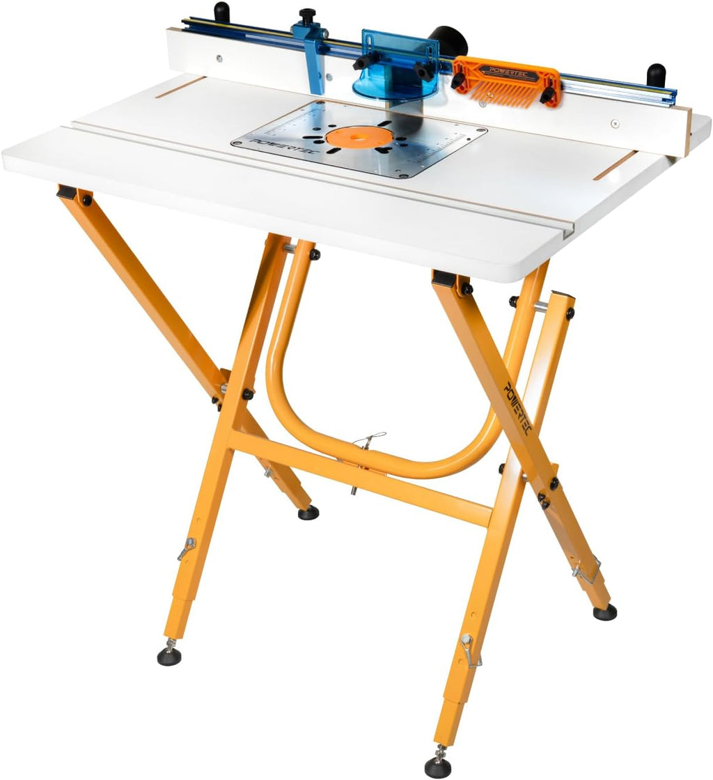 POWERTEC UT1010C Heavy Duty Steel Folding Work Stand with Router Tabletop, Aluminum Insert Plate and Router Table Fence System