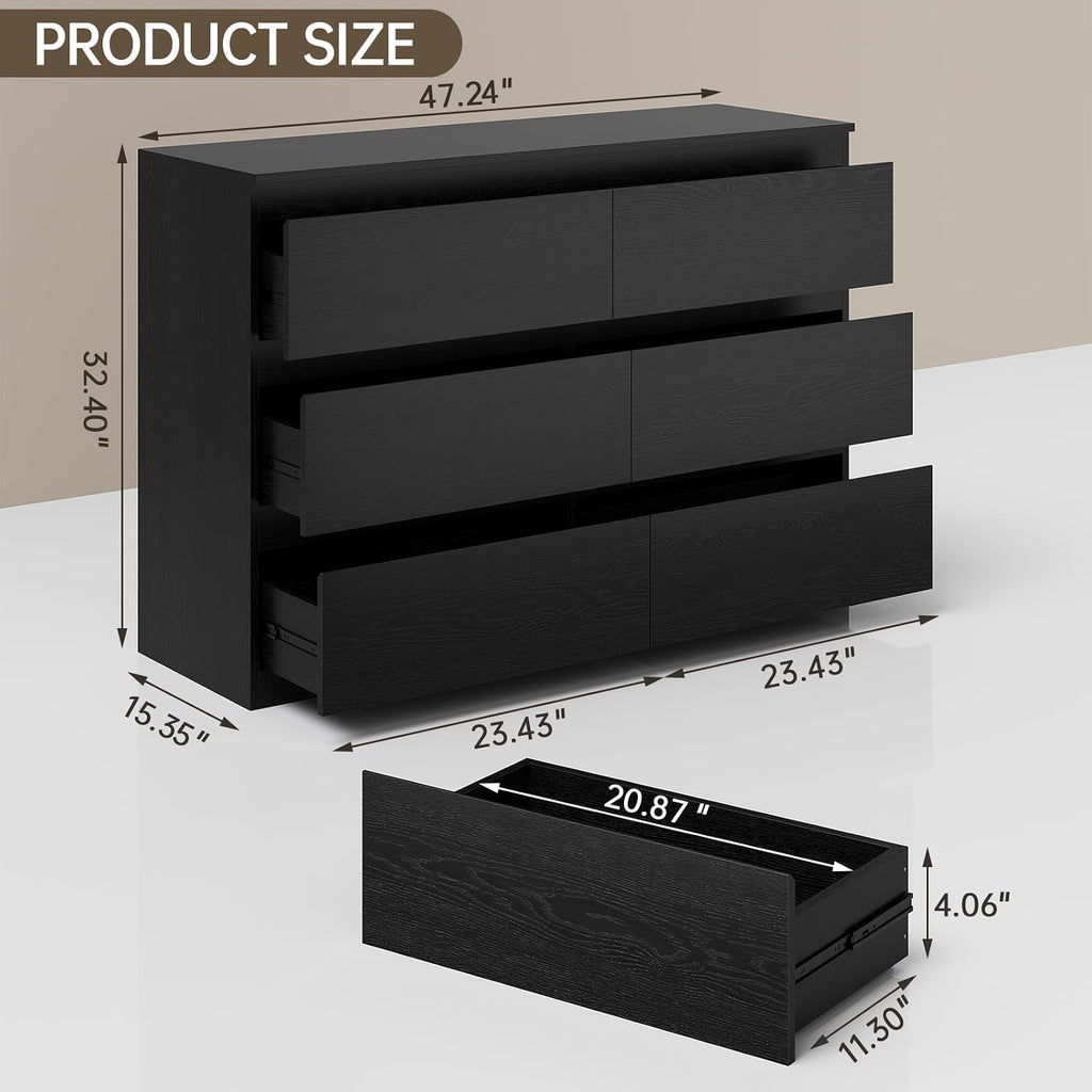 OtterOasis Black Wood Dresser, 6 Drawer Dressers for Clothes Storage for Bedroom, Modern Dresser with Wide Drawers, Wide Wooden Chest Drawers for Living Room|Entryway|TV Stand(47' W x15.4 Dx32.3 H)