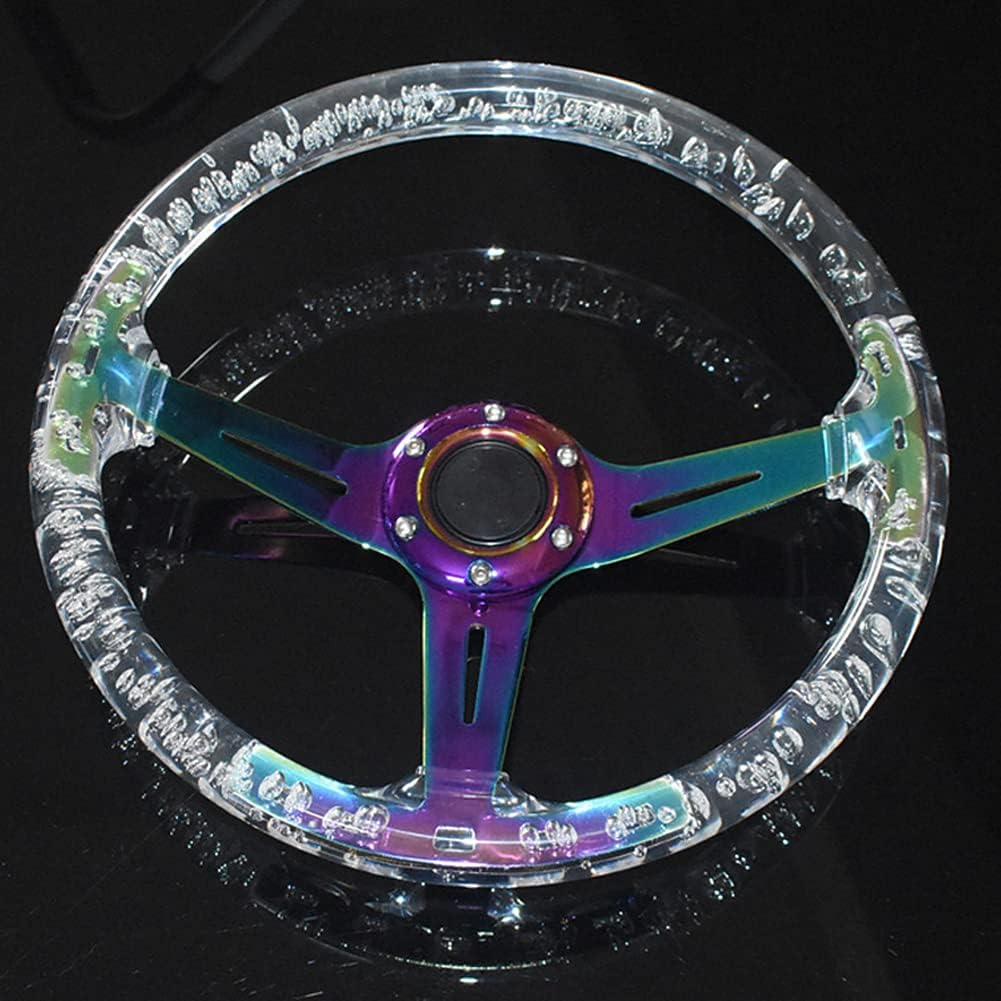 Car Steering Wheel,Universal 350mm/13.8 Inch Steering Wheel Deep Dish 6 Bolt Sports Drifting Steering Wheel with Horn Button and Screws for Most Vehicles,Transparent White Colorful