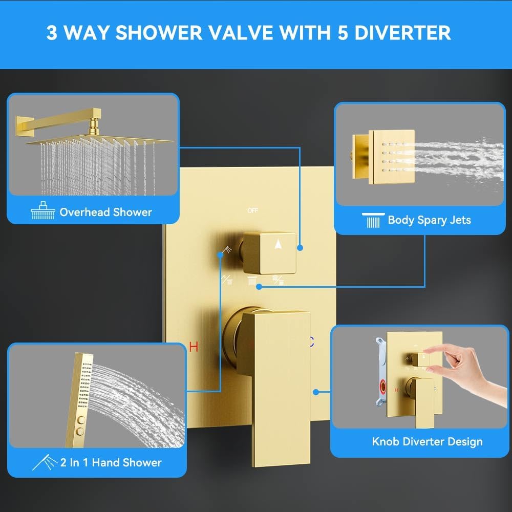 Brushed Gold Shower System with Body Jets, STARBATH 12 Inch Rainfall Shower System and 2 in 1 Handheld Spray Shower Jets System in Wall, Complete Wall Mounted 3 Way Shower Faucet Set with Valve Kit