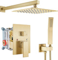 gotonovo Rainfall Bathroom Shower System Rain Shower Head and Handle Set Wall Mounted Shower Complete Combo Solid Brass Pressure Balancing Shower Mixer Valve 10 Inch Brushed Gold