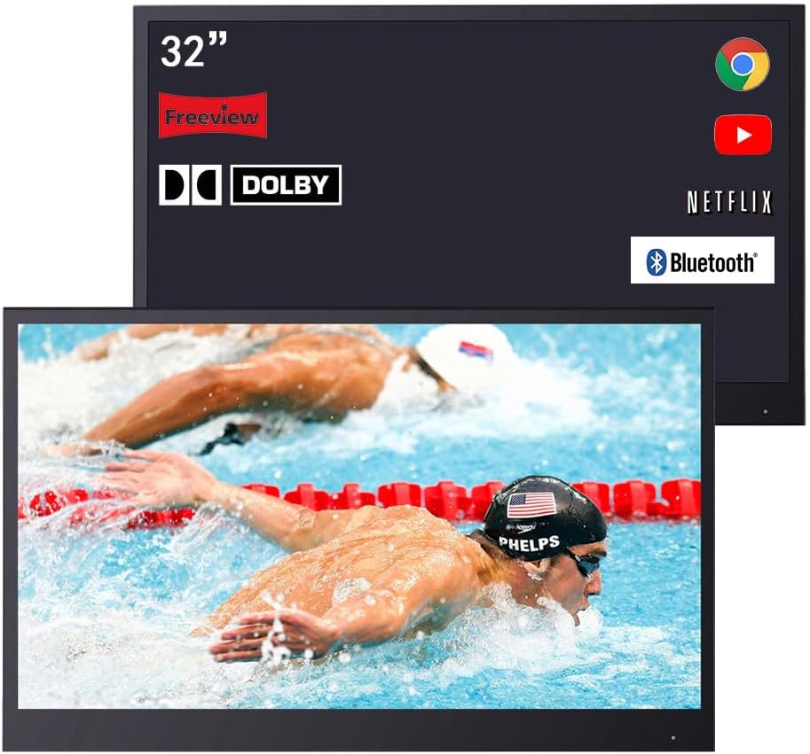 Soulaca 32 inches Black Color Bathroom Smart TV Waterproof IP66 Shower Android TV Bathtub Shower TV Hotel ATSC DTV Tuner SPA New Entertainment DC 12V